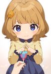  1girl 1other ahoge black_skirt blue_eyes blush brown_hair candy child closed_mouth flower food giving hair_flower hair_ornament highres holding holding_candy holding_food holding_lollipop idolmaster idolmaster_million_live! idolmaster_million_live!_theater_days index_fingers_together inuyama_nanami lollipop long_sleeves looking_at_viewer medium_hair pov pov_hands shirt skirt solo_focus suou_momoko yellow_shirt 