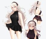  1girl alternate_costume ass back backless_dress backless_outfit bangs bare_shoulders black_dress black_hairband black_panties black_skirt blush breasts clothes_lift corrin_(fire_emblem) corrin_(fire_emblem)_(female) dress english_text eyebrows_visible_through_hair fire_emblem fire_emblem_fates hair_between_eyes hairband heart highres large_breasts lips long_hair looking_at_viewer looking_back manakete panties parted_lips pink_lips pointy_ears red_eyes short_dress sideboob silver_hair simple_background skirt skirt_hold skirt_lift sleeveless sleeveless_dress smile sobasakuhin solo speech_bubble symbol_commentary teeth thighs twitter_username underwear white_background 
