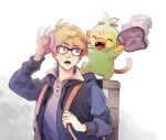  1boy alternate_hair_color backpack bag bangs bespectacled black-framed_eyewear blonde_hair brown_bag buttons collared_shirt commentary_request gen_8_pokemon glasses grey_shirt grookey hand_up hat holding holding_clothes holding_hat hood hooded_jacket jacket looking_back lower_teeth male_focus monji_samonji open_clothes open_jacket open_mouth pokemon pokemon_(creature) pokemon_(game) pokemon_swsh shirt short_hair tongue victor_(pokemon) zipper 