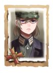  1girl bangs brown_hair camouflage camouflage_headwear closed_mouth company_of_heroes german_army hair_between_eyes hat military military_hat military_jacket military_uniform original portrait shaded_face short_hair solo uniform v-shaped_eyebrows violet_eyes world_war_ii zhainan_s-jun 