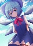  1girl bangs blue_bow blue_dress blue_eyes blue_hair blue_sky bow breasts cirno clouds cloudy_sky collar darumoon dress eyebrows_visible_through_hair hair_between_eyes highres holding ice ice_wings light looking_at_viewer medium_breasts open_mouth red_bow red_neckwear shadow shirt short_hair short_sleeves sky solo standing touhou white_shirt white_sleeves wings 