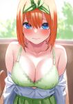  1girl amog bare_shoulders blue_eyes blush bra closed_mouth collarbone commentary_request frown go-toubun_no_hanayome green_bra green_ribbon green_skirt hair_ribbon indoors long_sleeves looking_at_viewer nakano_yotsuba off_shoulder open_clothes open_shirt orange_hair pleated_skirt ribbon shirt short_hair skirt solo underwear upper_body white_shirt 