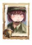  1girl bangs blush camouflage camouflage_helmet closed_mouth company_of_heroes freckles hair_between_eyes hat helmet military military_hat military_uniform original portrait purple_hair short_hair solo uniform united_states_army v-shaped_eyebrows violet_eyes world_war_ii zhainan_s-jun 