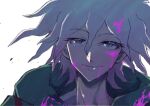  1boy bangs blood blood_on_face close-up closed_mouth commentary_request dangan_ronpa_(series) dangan_ronpa_2:_goodbye_despair face green_jacket hair_between_eyes hood hooded_jacket jacket komaeda_nagito looking_at_viewer male_focus pink_blood portrait short_hair signature simple_background smile solo tsunemi_aosa white_background 