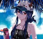  1girl arknights baseball_cap bikini black_bikini blue_hair ch&#039;en_(arknights) chestnut_mouth clouds cloudy_sky coconut_tree dragon_horns eyewear_removed female_tourist_c_(arknights) hat highres holding_flask horns horns_through_headwear jannong long_hair looking_at_viewer palm_tree red_eyes shadow sky solo summer sunglasses swimsuit tree upper_body 