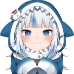  1girl amashiro_natsuki animal_hood bangs bloop_(gawr_gura) blue_eyes blue_hair blue_headwear blunt_bangs closed_mouth commentary fangs gawr_gura hololive hololive_english hood hood_up long_hair long_sleeves looking_at_viewer multicolored_hair open_mouth paw_pose simple_background sleeves_past_fingers sleeves_past_wrists smile solo streaked_hair upper_body virtual_youtuber white_background 