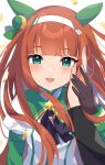  1girl :d animal_ears bangs blunt_bangs blush ear_covers eyebrows_visible_through_hair gloves green_eyes hairband hand_on_another&#039;s_cheek hand_on_another&#039;s_face highres horse_ears horse_girl inuyama_nanami long_hair looking_at_viewer open_mouth orange_hair silence_suzuka_(umamusume) smile solo_focus umamusume 