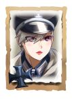  1girl bangs closed_mouth company_of_heroes german_army hair_between_eyes hat lipstick makeup military military_hat military_jacket military_uniform original portrait short_hair solo uniform violet_eyes white_hair world_war_ii zhainan_s-jun 