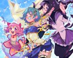  3girls :d akemi_homura blue_hair bubble_skirt closed_eyes clothes dress gloves hairband highres kaname_madoka long_hair magia_record:_mahou_shoujo_madoka_magica_gaiden magical_girl mahou_shoujo_madoka_magica miki_sayaka multiple_girls open_mouth pantyhose pink_hair pleated_skirt short_hair short_twintails skirt sky smile soul_gem spoilers thigh-highs tomoe_mami twintails violet_eyes white_gloves yooki_(winter_cakes) yuri 