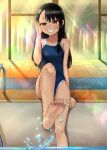  :d adjusting_hair bangs barefoot commentary competition_swimsuit dusk evilust75 forest grin hair_ornament hairclip highres ijiranaide_nagatoro-san kicking looking_at_viewer nagatoro_hayase nature on_floor one-piece_swimsuit open_mouth pool poolside school_swimsuit sitting smile soles splashing swimsuit tan tile_floor tiles toes tree water 