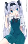  1girl alternate_hairstyle black_bow black_hairband black_neckwear blue_eyes blush bow bowtie cowboy_shot green_skirt green_vest grey_hair hair_bow hairband hand_in_hair hand_up highres konpaku_youmu konpaku_youmu_(ghost) long_hair looking_at_viewer momomaron open_mouth puffy_short_sleeves puffy_sleeves short_sleeves simple_background skirt solo touhou twintails twitter_username vest white_background 