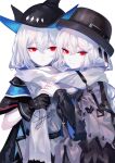  2girls absurdres arknights artist_name black_gloves black_headwear commentary gloves grey_scarf highres multiple_girls scarf sheya signature silver_hair simple_background skadi_(arknights) specter_(arknights) specter_(undercurrent)_(arknights) symbol_commentary upper_body white_background 