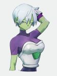  1girl arm_at_side arm_behind_head arm_up armor bodysuit breasts cheelai closed_mouth colored_skin cropped_arms cropped_torso dragon_ball dragon_ball_super dragon_ball_super_broly eyebrows_visible_through_hair facing_viewer frown green_skin grey_background grey_hair half-closed_eyes kemachiku large_breasts purple_bodysuit shiny shiny_hair short_hair sideways_glance simple_background solo strapless upper_body v-shaped_eyebrows very_short_hair 