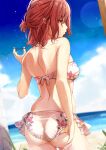  1girl ass back bangs bare_arms bare_shoulders beach bikini blue_sky blurry blurry_background breasts closed_mouth commentary_request cowboy_shot day eyebrows_visible_through_hair floral_print from_behind hair_tie hand_under_clothes hand_up highres higuchi_madoka holding idolmaster idolmaster_shiny_colors looking_away medium_hair nira_(vira) outdoors print_bikini red_eyes redhead sky solo standing strapless strapless_bikini swimsuit wet white_bikini 