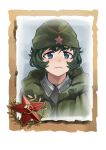  1girl bangs closed_mouth company_of_heroes green_eyes green_hair hair_between_eyes hat military military_hat military_jacket military_uniform original portrait short_hair solo soviet soviet_army thick_eyebrows uniform v-shaped_eyebrows world_war_ii zhainan_s-jun 