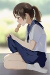  1girl blush brown_hair clothes_lift hot lifted_by_self mattaku_mousuke mouth_hold original ponytail school_uniform serafuku sitting skirt skirt_lift socks solo sweat wariza watermark 