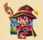  bandaged_leg bandages bangs belt black_cape black_choker black_legwear blush_stickers boots brown_background brown_belt brown_hair buckle cape chibi choker commentary dress hat hill holding holding_staff isekai_quartet kono_subarashii_sekai_ni_shukufuku_wo! megumin outside_border red_dress red_eyes red_footwear short_hair short_hair_with_long_locks single_thighhigh sky smile smug staff texture thigh-highs witch_hat yuuku 