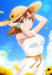  1girl bare_shoulders blue_eyes blue_sky breasts clouds commentary dress flower hands_up hat highres kousaka_honoka looking_at_viewer love_live! love_live!_school_idol_project medium_breasts medium_hair orange_hair parted_lips scrunchie shiratama_(siratama_ll) sky sleeveless sleeveless_dress solo straw_hat striped striped_scrunchie sundress sunflower upper_body white_dress 