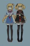  2girls akai_haato aqua_eyes bangs blonde_hair boots bow bowtie cameo dark dress dual_persona empty_eyes expressionless eyebrows_visible_through_hair frilled_dress frills grey_background haaton_(akai_haato) hair_bow hair_ornament hair_ribbon hairclip heart heart_hair_ornament highres himuhino holding_hands hololive jewelry long_hair looking_at_viewer multiple_girls ribbon simple_background smile string string_of_fate thigh-highs thigh_strap virtual_youtuber zettai_ryouiki 