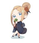  1girl abigail_williams_(fate) bangs black_footwear black_kimono blonde_hair blue_eyes blush chibi cup eyebrows_visible_through_hair fate/grand_order fate_(series) hair_bun hair_ornament holding holding_cup japanese_clothes key kimono long_hair long_sleeves looking_at_viewer parted_bangs shadow sidelocks socks solo standing standing_on_one_leg totatokeke white_background white_legwear wide_sleeves zouri 