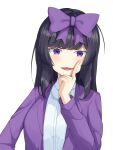  1girl bangs black_hair blush bow collared_shirt commentary_request cookie_(touhou) eyebrows_visible_through_hair finger_to_cheek hair_bow highres ikikiksgiksg jacket long_hair long_sleeves looking_at_viewer open_mouth purple_bow purple_jacket shirt shunga_youkyu simple_background smile solo star_sapphire touhou upper_body violet_eyes white_background white_shirt 