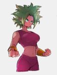  1girl aqua_eyes arms_at_sides bangs bracelet breasts clenched_hands closed_mouth cowboy_shot crop_top cropped_legs dragon_ball dragon_ball_super earrings facing_away fingernails frown green_hair grey_background hands_up jewelry kefla_(dragon_ball) kemachiku large_breasts looking_afar messy_hair midriff navel pants parted_bangs potara_earrings red_pants serious short_hair simple_background solo super_saiyan toned 