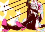  1girl animal_ear_fluff animal_ears bangs black_bodysuit blush bodysuit bow breasts center_opening choker fate/grand_order fate_(series) fox_ears fox_girl fox_tail glasses gun hair_between_eyes hair_bow high_heels hip_vent koyanskaya_(fate) large_breasts legs licking_lips long_hair looking_at_viewer looking_to_the_side pink_bow pink_hair ponytail rifle shiromantou sidelocks sitting smile sniper_rifle solo starry_background tail tongue tongue_out weapon yellow_background yellow_eyes 