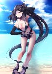  1girl architect_(girls_frontline) bangs belt black_hair black_swimsuit blue_sky breasts clouds cloudy_sky collarbone elbow_gloves girls_frontline gloves grin hand_on_hip highres long_hair looking_at_viewer medium_breasts mishima_hiroji navel one-piece_swimsuit one_eye_closed partially_fingerless_gloves pink_eyes pink_nails side_ponytail sky smile solo standing swimsuit very_long_hair w 