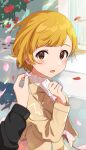  1girl 1other bangs blonde_hair blunt_bangs blush brown_eyes brown_jacket earrings flower fukuda_noriko hand_up highres idolmaster idolmaster_million_live! idolmaster_million_live!_theater_days inuyama_nanami jacket jewelry long_sleeves looking_at_viewer open_clothes open_jacket parted_lips red_flower short_hair upper_body 