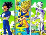  3boys adjusting_clothes aircraft ankle_boots arm_at_side armor black_hair blue_bodysuit blue_eyes blue_footwear bodysuit boots closed_mouth clouds cloudy_sky column_lineup contrapposto crossed_arms day dougi dragon_ball dragon_ball_z evil_smile facing_away feet_out_of_frame fingernails frieza from_above frown gloves grass green_sky ground hand_on_hip hill horizon lake looking_afar male_focus mountain multiple_boys muscular muscular_male namek outdoors pectorals realistic red_eyes rock rope saiyan_armor serious shadow sidelighting sideways_glance sky smile son_goku spiky_hair super_saiyan super_saiyan_1 tail toriyama_akira tree vegeta water white_gloves 