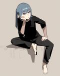  1girl barefoot black_pants black_shirt blue_hair closed_mouth eyebrows_visible_through_hair full_body gogalking hand_on_thigh head_rest highres looking_at_viewer original pants ponytail shirt simple_background sitting solo violet_eyes 