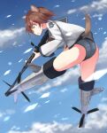  1girl 501st_joint_fighter_wing_(emblem) animal_ears ass bangs blouse blue_sailor_collar blue_sky blue_swimsuit blurry blurry_background brown_eyes brown_hair clouds cloudy_sky commentary depth_of_field dog_ears dog_tail female flying frown gun holding holding_gun holding_weapon leaning_forward long_sleeves machine_gun military military_uniform miyafuji_yoshika motion_blur no_pants open_mouth sailor sailor_collar school_swimsuit short_hair sky solo strike_witches striker_unit swimsuit swimsuit_under_clothes tail tsuru_(tsubasa1993621) type_99_cannon uniform weapon white_blouse world_witches_series 