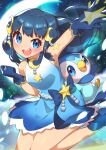  1girl :d absurdres arm_up bangs blue_dress blue_eyes blue_footwear blue_gloves blue_hair clenched_hand commentary_request crescent crescent_hair_ornament hikari_(pokemon) dress eyebrows_visible_through_hair eyelashes floating_hair gen_4_pokemon gloves gradient_dress hair_ornament highres leg_up looking_at_viewer open_mouth piplup pokemon pokemon_(anime) pokemon_(creature) pokemon_swsh_(anime) shoes sleeveless sleeveless_dress smile taisa_(lovemokunae) tongue upper_teeth 