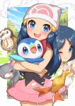  2girls :d absurdres beanie blue_eyes blue_hair blush character_print closed_mouth commentary_request hikari_(pokemon) eyelashes gen_4_pokemon glameow hair_ornament hairclip hand_up hat highres index_finger_raised johanna_(pokemon) legendary_pokemon long_hair looking_at_viewer mesprit mother_and_daughter multiple_girls one_eye_closed open_mouth pink_skirt piplup pokemon pokemon_(anime) pokemon_(creature) pokemon_dppt_(anime) ribbon scarf shirt skirt sleeveless sleeveless_shirt smile starly taisa_(lovemokunae) tongue upper_teeth white_headwear 