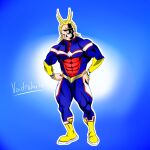  1boy abs absurdres all_might antenna_hair blonde_hair blue_background bodysuit boku_no_hero_academia border covered_eyes gradient gradient_background highres looking_at_viewer male_focus muscular pectorals self_upload shaded_face skin_tight solo superhero thighs voidrakula 