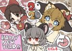  2020 absurdres animal_ears bangs benikurage_(cookie) black_headwear blonde_hair blue_eyes blush bow brown_eyes brown_hair cat chinese_zodiac claws commentary_request cookie_(touhou) detached_sleeves eyebrows_visible_through_hair frilled_bow frills furrification furry gloves grey_hair hair_between_eyes hair_bow hakurei_reimu happy_new_year hat heart heart_background highres kirisame_marisa kitsune_kemono looking_at_another medium_hair meguru_(cookie) mouse_ears nazrin nervous new_year nyon_(cookie) open_mouth parted_bangs red_bow red_eyes red_gloves red_shirt shirt short_hair sleeveless sleeveless_shirt starry_background stomach_(organ) tongue tongue_out touhou trembling upper_body whiskers white_sleeves witch_hat year_of_the_rat 