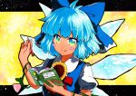  1girl :3 :q blue_bow blue_dress blue_eyes blue_hair blush book bookmark bow cirno commentary_request dress dress_shirt eyebrows_visible_through_hair flower gradient_eyes hair_bow hands_up holding holding_book holding_pencil ice ice_wings letterboxed morning_glory multicolored multicolored_eyes neck_ribbon open_book outside_border pencil pinafore_dress pink_flower plant puffy_short_sleeves puffy_sleeves qqqrinkappp raised_eyebrows red_neckwear red_ribbon ribbon shirt short_hair short_sleeves solo square star_(symbol) sunflower tan tanned_cirno tongue tongue_out touhou traditional_media upper_body vines watercolor_(medium) white_shirt wing_collar wings yellow_eyes yellow_flower 