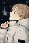  1boy bari_dal breath brown_eyes brown_hair coat eyebrows fingernails haikyuu!! hand_up highres hood hood_down long_sleeves male_focus profile shirabu_kenjirou short_hair solo winter winter_clothes winter_coat zipper_pull_tab 