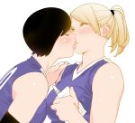  2girls bandaged_fingers bandages black_hair blonde_hair closed_eyes commentary_request eyebrows_behind_hair french_kiss hand_on_another&#039;s_shoulder highres kishi_torajirou kiss looking_at_another multiple_girls original ponytail short_hair sportswear volleyball_uniform yuri 