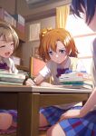  3girls ahoge bangs birthday blue_hair bookshelf chair check_commentary closed_eyes commentary_request curtains eyebrows_visible_through_hair grey_hair hair_ribbon highres kousaka_honoka love_live! love_live!_school_idol_project minami_kotori miniskirt multiple_girls orange_hair otonokizaka_school_uniform pencil ribbon school_uniform shamakho shiny shiny_hair short_hair short_sleeves side_ponytail sitting skirt sonoda_umi studying table window writing 