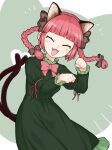  1girl animal_ears bangs black_bow blunt_bangs blush bow bowtie braid cat_ears cat_tail clenched_hands closed_eyes dress extra_ears fang green_background green_dress hair_bow hands_up kaenbyou_rin long_hair long_sleeves multiple_tails oninamako open_mouth paw_pose red_neckwear redhead smile solo tail touhou twin_braids twintails two_tails 