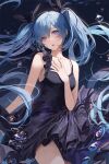  1girl :o air_bubble bangs bare_arms bare_shoulders black_dress black_ribbon blue_eyes blue_hair bubble collarbone commentary cowboy_shot dress female hair_ribbon hand_on_own_chest hatsune_miku highres kim_eb long_hair looking_at_viewer open_mouth ribbon shinkai_shoujo_(vocaloid) sleeveless sleeveless_dress solo swept_bangs twintails underwater very_long_hair vocaloid 