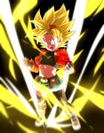  1girl asymmetrical_legwear aura belt blonde_hair blue_eyes boots clenched_hands crop_top dragon_ball dragon_ball_heroes fanny_pack fingerless_gloves flat_chest gloves green_shorts hairband jacket midriff open_clothes open_jacket open_mouth orange_hairband pan_(dragon_ball) pan_(xeno)_(dragon_ball) red_jacket rom_(20) shorts solo spiky_hair super_saiyan super_saiyan_1 