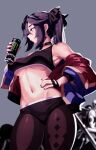  1girl ass_visible_through_thighs bangs bare_shoulders black_gloves black_ribbon blurry blurry_background breasts can choker cowboy_shot crop_top dev_(dev0614) earrings eyewear_on_head fingerless_gloves genshin_impact gloves grey_background ground_vehicle hair_between_eyes hair_ribbon hand_up highres holding holding_can jacket jewelry looking_to_the_side medium_breasts mona_(genshin_impact) monster_energy motor_vehicle motorcycle nail_polish navel no_bra open_clothes open_jacket profile ribbon signature simple_background solo standing sunglasses thighs twintails under_boob 