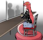  1girl absurdres chair closed_mouth commission commissioner_upload cup denim denim_skirt disposable_cup hair_ornament highres jacket lamia leather leather_jacket long_hair miia_(monster_musume) monster_girl monster_musume_no_iru_nichijou pointy_ears redhead scales scribblesquab simple_background sitting skirt window yellow_eyes 