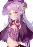  1girl absurdres bangs black_capelet black_skirt blush brown_hair capelet flat_chest hair_behind_ear hat highres hololive long_hair looking_at_viewer maria_onnette murasaki_shion navel side_bun silver_hair skirt smile solo upper_body virtual_youtuber witch_hat 