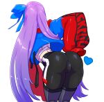  1girl ass back bent_over blue_ribbon english_commentary fate/extra fate/extra_ccc fate/grand_order fate_(series) greaves hair_ribbon heart highres jacket long_hair meltryllis_(fate) purple_hair ribbon simple_background sleeveless solo tenk very_long_hair white_background 
