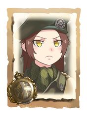  1girl bangs beret british_army brown_hair closed_mouth company_of_heroes green_headwear hair_between_eyes hat military military_hat military_uniform original portrait scarf solo uniform v-shaped_eyebrows world_war_ii yellow_eyes zhainan_s-jun 