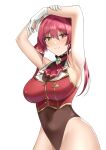  :3 absurdres armpits arms_up bangs crimecrime highres hololive houshou_marine leotard looking_at_viewer multicolored multicolored_eyes navel redhead skindentation thighs 