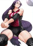  1girl absurdres bangs bare_shoulders breasts elbow_pads fate/grand_order fate_(series) highres knee_pads large_breasts long_hair low-tied_long_hair minamoto_no_raikou_(fate) parted_bangs purple_hair solo sportswear thighs very_long_hair violet_eyes volleyball volleyball_uniform yoshio_(55level) 